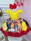 Vestido Infantil Festa Bela e a Fera Amarelo Cinto de Pérolas Luxo