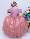 Vestido Infantil Longo Rosê Strass Luxo Manga Princesa