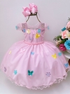 Vestido Infantil Rosa Com Aplique Borboletas Flores Pérolas