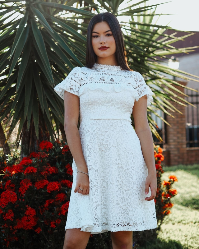 Let cia Vestido Noiva Curto Rodado Manga Copinho Gola Alta em Tule Po Casamento Civil Branco Off