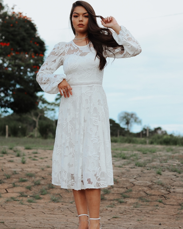 Brianna} Vestido Noiva Midi Rodado Manga Longa em Renda Detalhe na Cintura  Formatura Casamento (cor Branco Off)