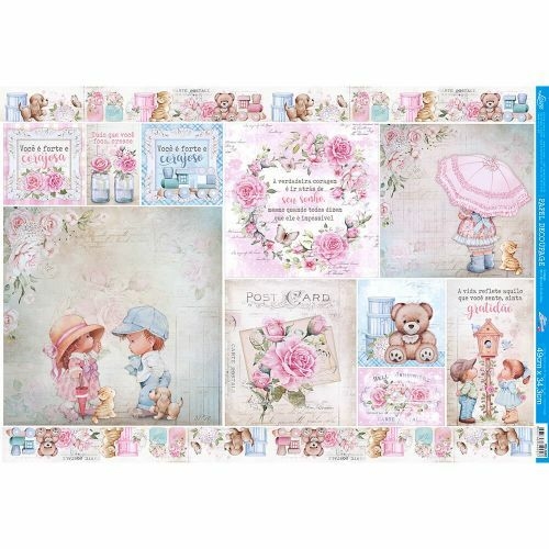 Papel para Scrapbook Litoarte Estampa Básica Xadrez Rosa e Branco