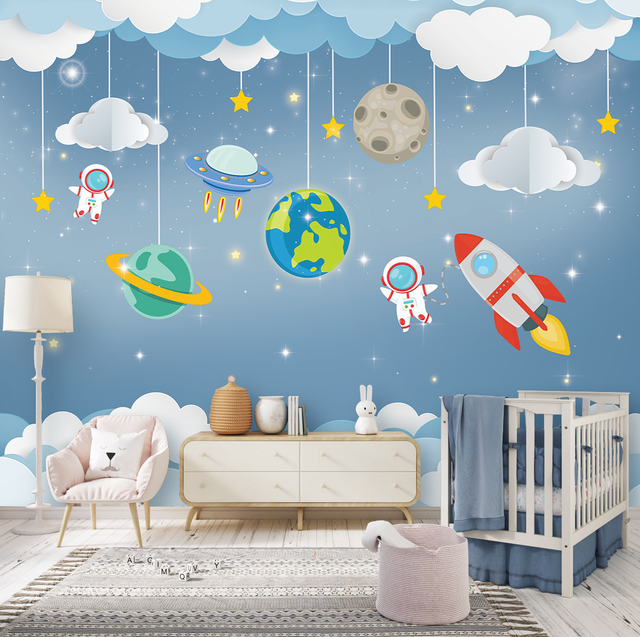 Papel de Parede Infantil Tema Astronauta Azul Para Decorar Quarto de B