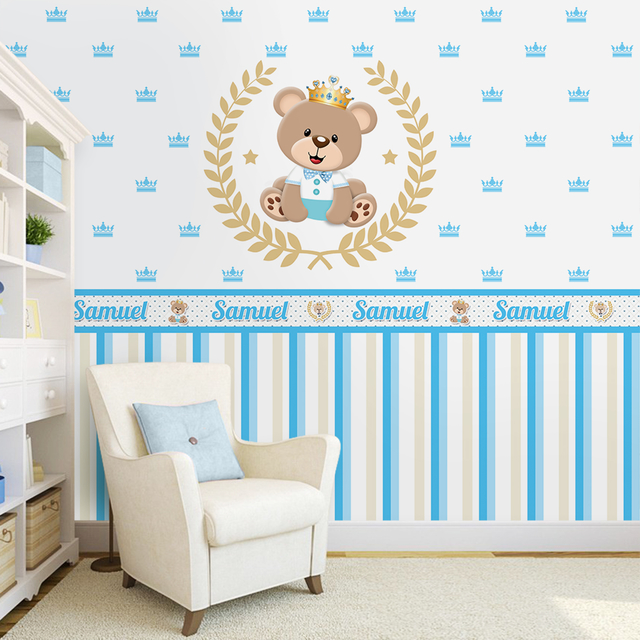 Papel de Parede Infantil Tema Urso Príncipe Soft Azul Personalizado