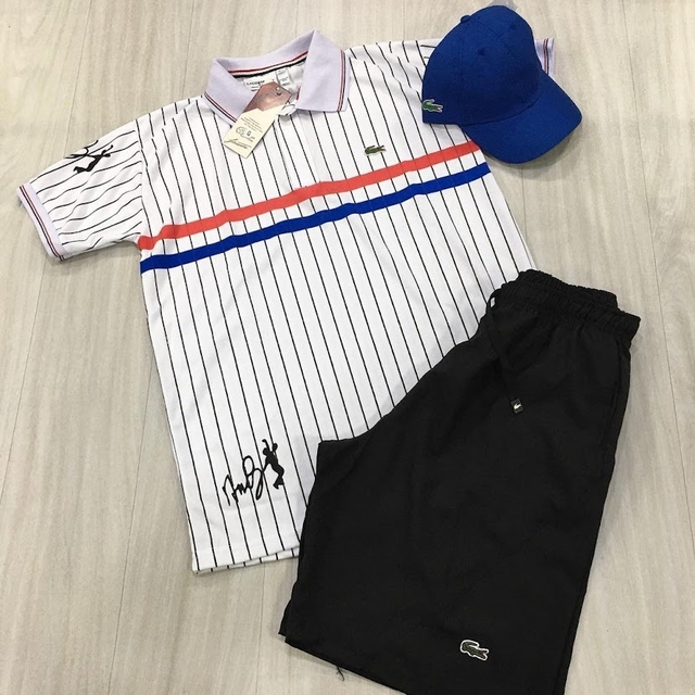 KIT POLO LACOSTE RD BRANCA + BONÉ + BERMUDA PRETA