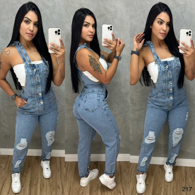 Macacão longo jeans rasgado 2025
