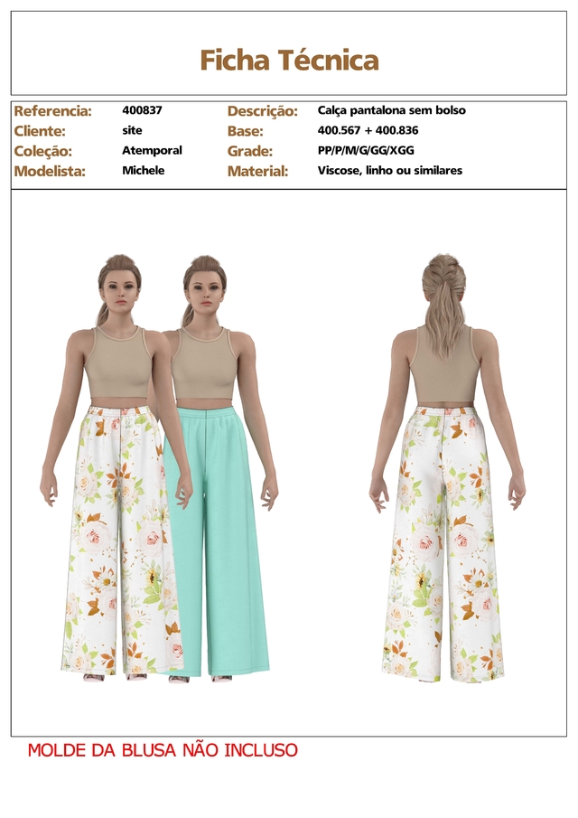Modelagem de Calça Feminina Pantalona em viscose com elastico cintura. para  Tecido sem elastano. ref 400.837