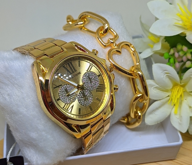 Kit Relógio Feminino a Prova água Pallyjane DHP Rx com Pulseira Folheado  Ouro 18k Presente Tendência Moda