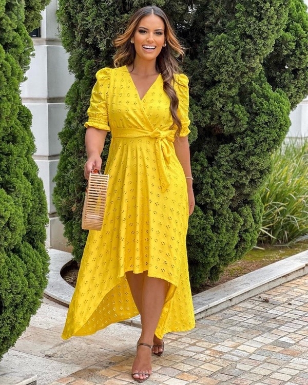 Vestido Mullet Fashion na Malha Lese Amarelo