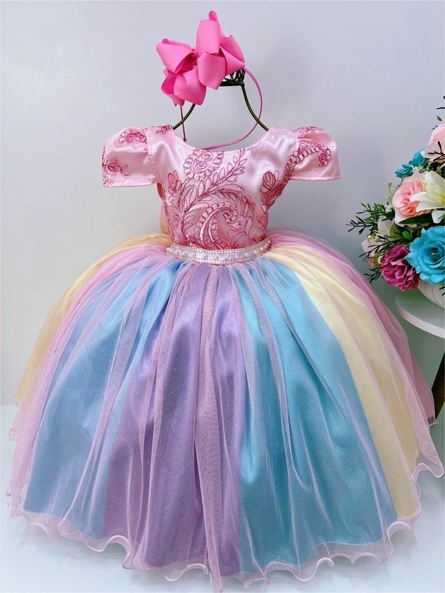 Vestido festa infantil princesa unicórnio e arco-íris