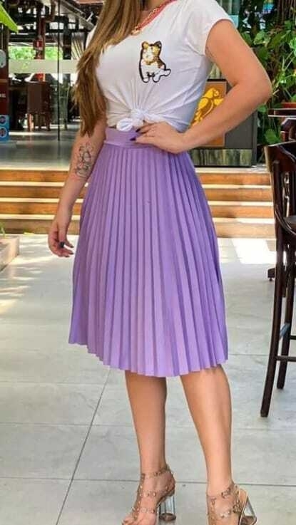 Saia midi plissada lisa com forro feminina poli ster moda evang lica elegante