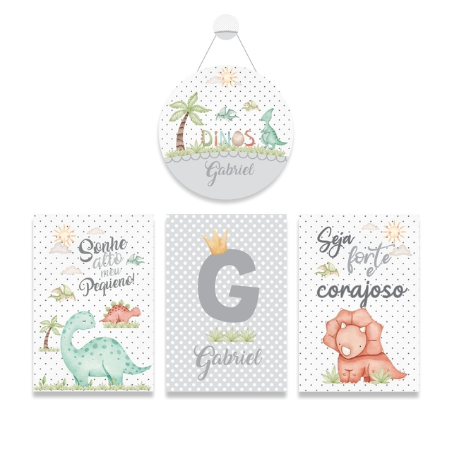 Kit com 3 Quadros Decorativo Dinossauros Baby Aquarela