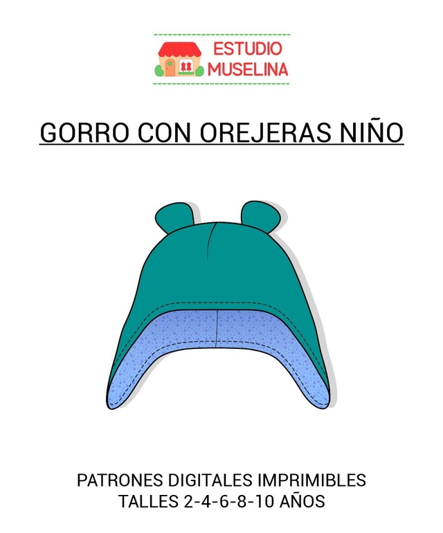 MOLDE DIGITAL GORRO CON OREJERAS NIÑO - PDF PARA IMPRIMIR - TALLES  2-4-6-8-10 AÑOS