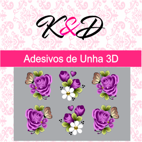 Adesivo de Unha 3D Flor Roxa e Borboletinha