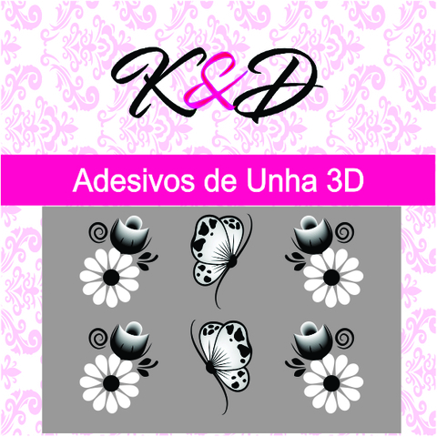Adesivo de Unha 3D Margarida Branca e Borboleta com Detalhes Preto