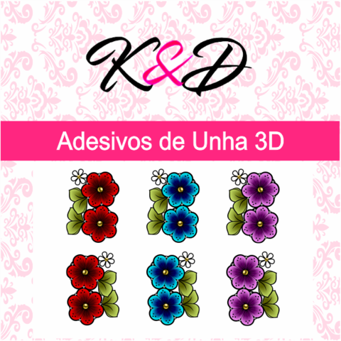 Adesivos de Unha 3D Flores Vermelha,Azul e Roxa