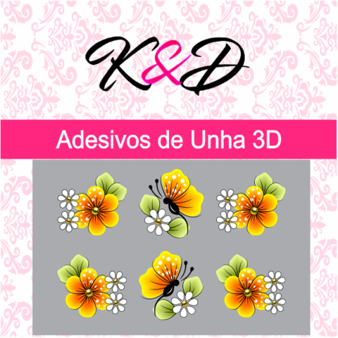 Adesivos de Unha 3D Flor e Borboleta Amarela