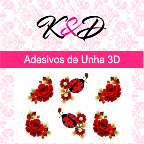 Adesivo de Unha 3D Flor Vermelha e Joaninha