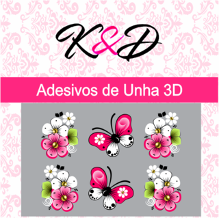Adesivo de Unha 3D Flor Branca e Rosa e Borboleta