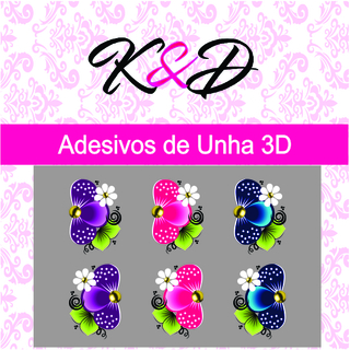 Adesivo de Unha 3D Flor de Lado Roxa,Rosa e Azul