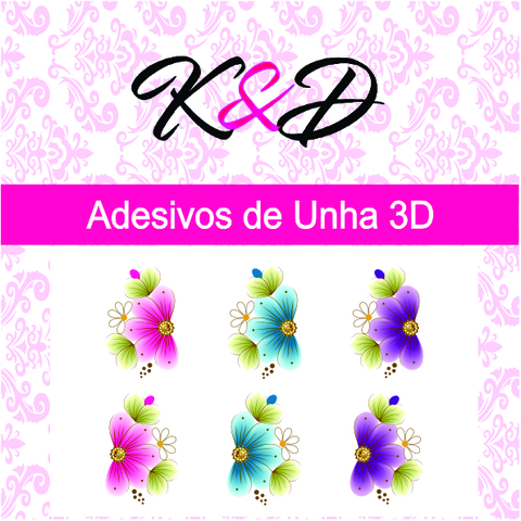 Adesivo de Unha 3D Flor Rosa,Azul e Lilás