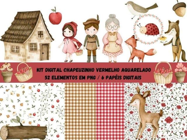 KIT DIGITAL CHAPEUZINHO VERMELHO AQUARELA #677894#