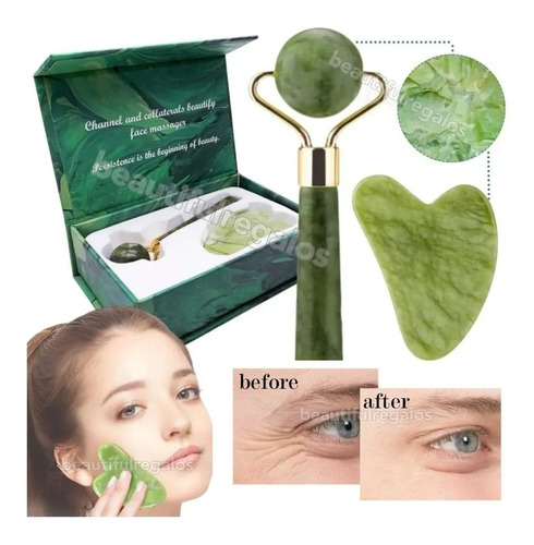 Combo Rodillo Jade Facial Gua Sha Piedra Original Masajeador