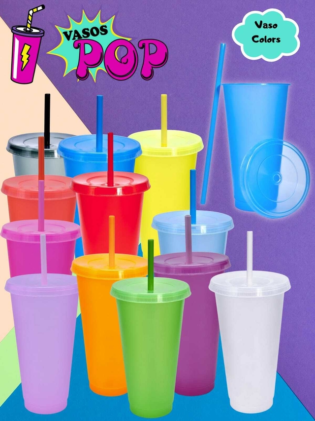 Vaso con tapa y popote Colors - Comprar en Vasos Pop