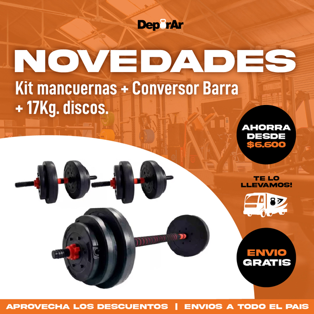 Kit Mancuernas + Conversor Barra + 17Kg en Discos PVC