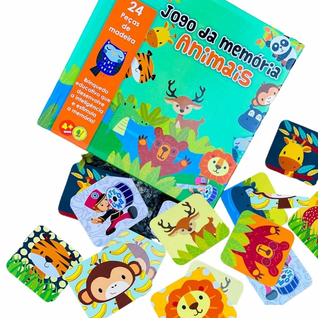 Jogo da Memória Animais 24 peças em MDF Brinquedo Educativo e