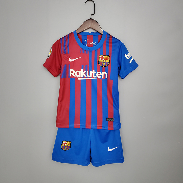Conjunto Infantil Barcelona I 21/22 - Azul Grená - Camisa e Shorts - Nike