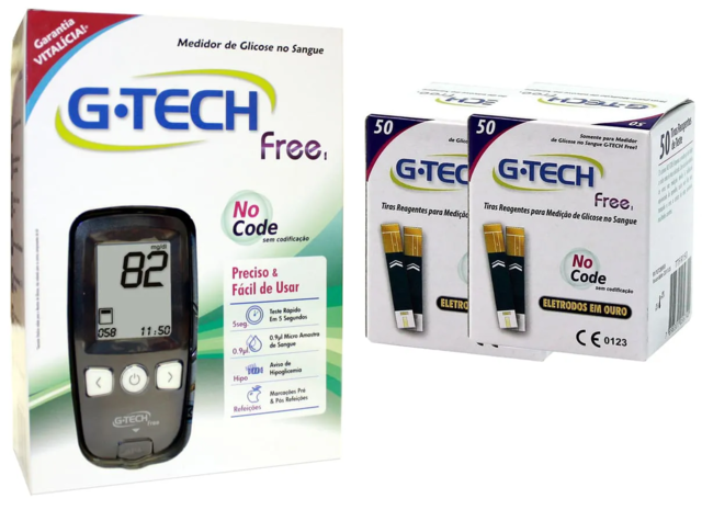 Kit Medidor Glicose G-Tech Free 1 Completo + 100 Tiras Free 1