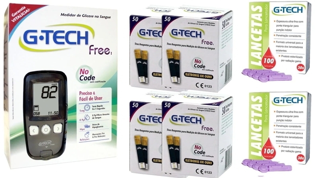 Kit Medidor Glicose G-Tech Free 1 Completo + 200 Tiras + 200 Lancetas