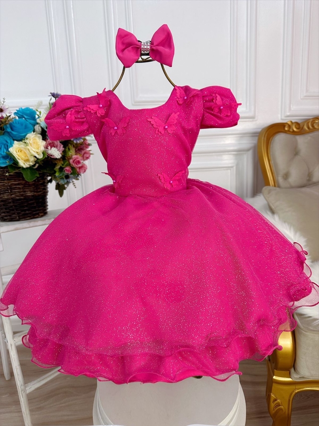 vestido infantil rosa pink masha princesa festa Barbie brilho luxo