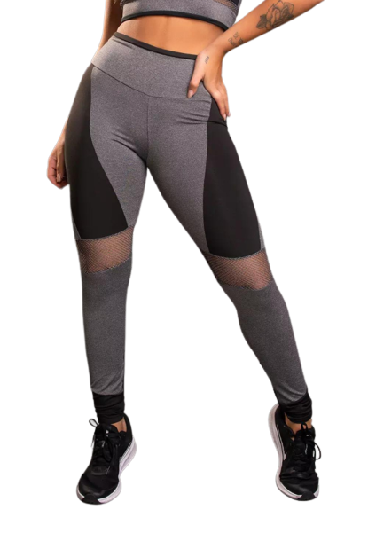 Calça legging fitness bicolor com tela nas laterais mescla com