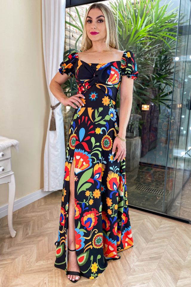 Vestido Longo Preto Floral Confeccionado em Crepe