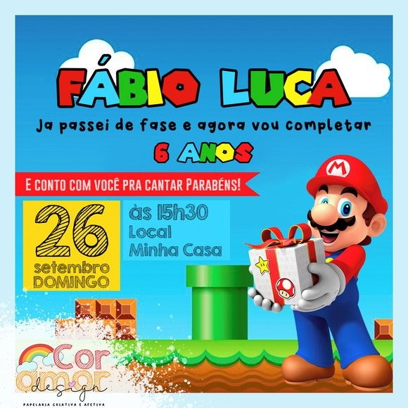 Convite Digital Mario Bros - Comprar em Cor Amor Design