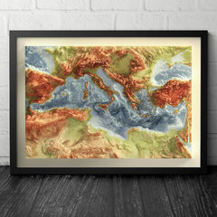 Mapa de Relevo Artístico Mar Mediterrâneo Batimétrico e Hipsométrico