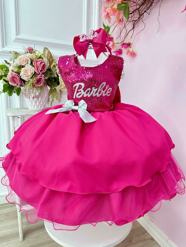 Vestido Infantil Barbie Paetê Pink