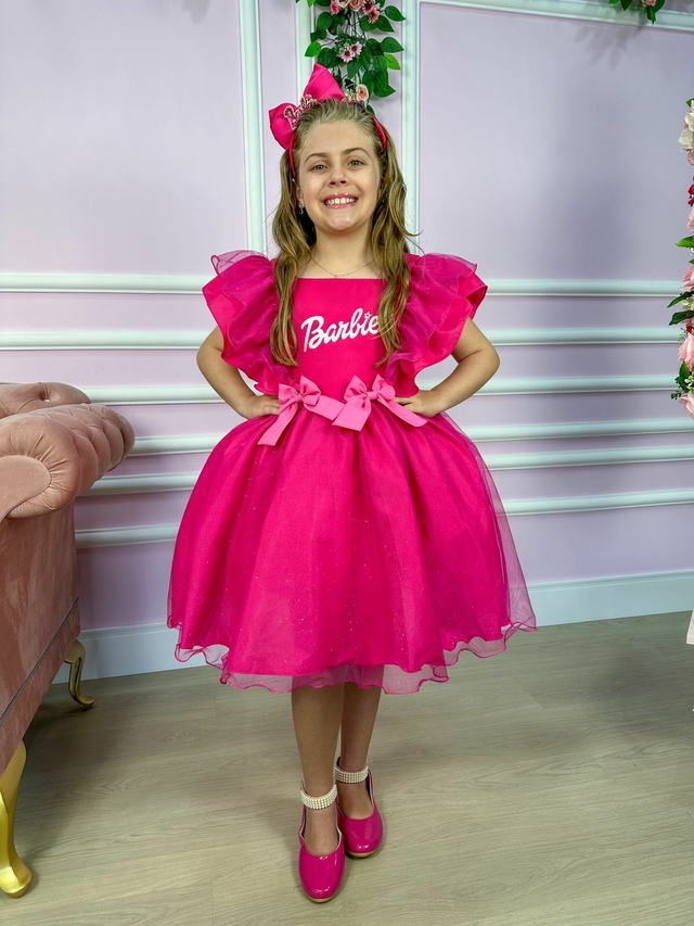 Vestido Infantil Barbie Princesa Rosa Chiclete com Cinto