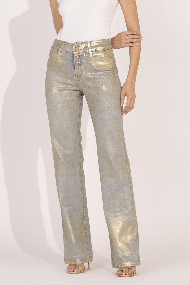 Calça jeans wideleg azul claro carina com foil dourado ANDREZA CHAGAS