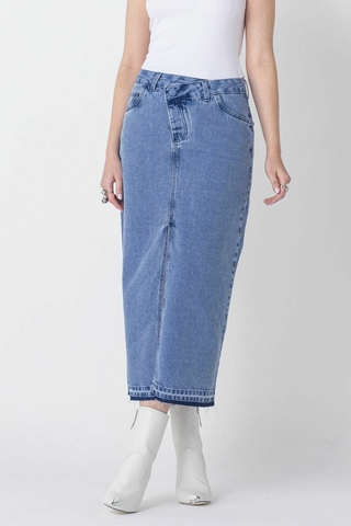 Saia Jeans Midi Jasmine com Cós Transpasse