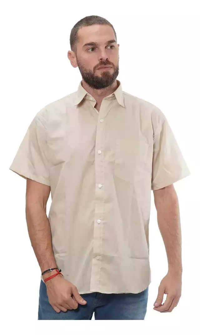 Camisa Manga Corta Lisa Hombre Con Bolsillo BEIGE