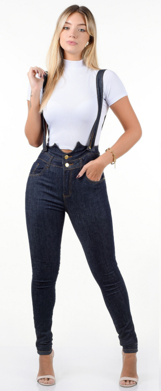 CALÇA JEANS SKINNY COM SUSPENSÓRIO FEMININA