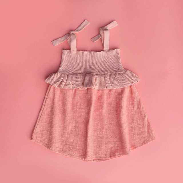 Vestido Tricot Modal Babado e Saia em Tecido Rosa - Bebê e Infantil