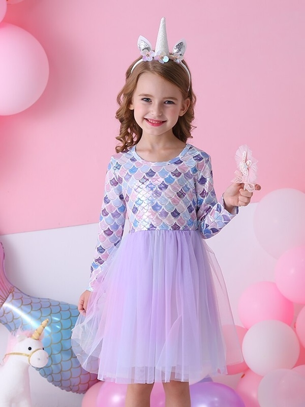 Vestido Infantil Barbie Sereia Manga Longa Em Tule Festa