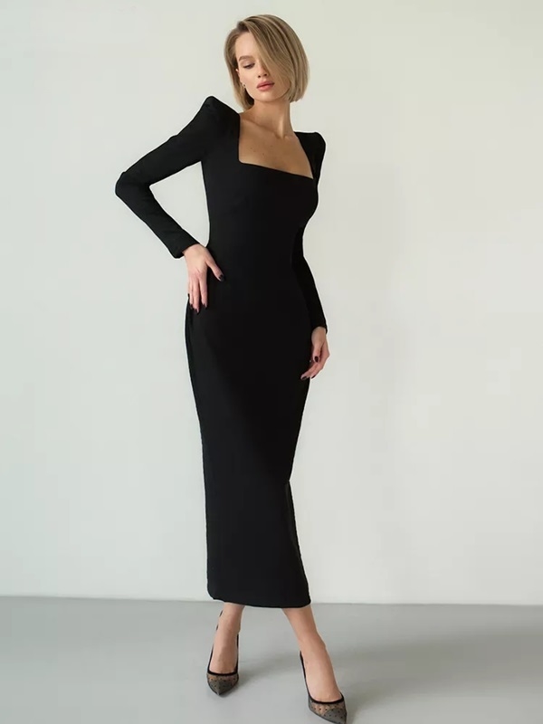 Vestido midi preto manga longa hot sale