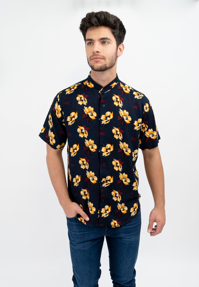 Camisa Corte Clasico Manga Corta Cuello Mao Flor Amarilla