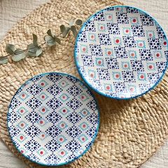 Plato Postre Ceramica tipo Anthro azul y blanco