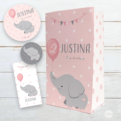 kit imprimible elefantito bebe rosa gris, circulos, dots, elefante, primer añito